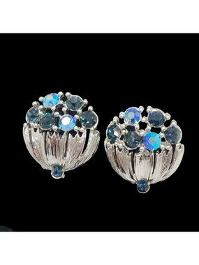 Vintage Lisner Blue Rhinestone Silver Tone Basket Shaped Screw Back Earrings